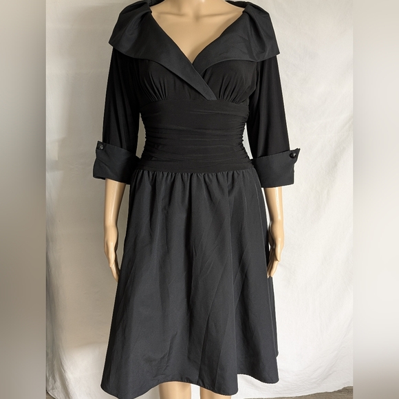 Eliza J New York Dresses & Skirts - Eliza J Fit And Flare Black Dress Portrait Collar V Neck Sz 8 Cuffed 3/4 Sleeves